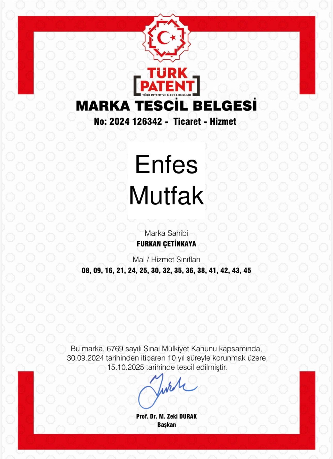 Enfes Mutfak Marka Tescil Belgesi